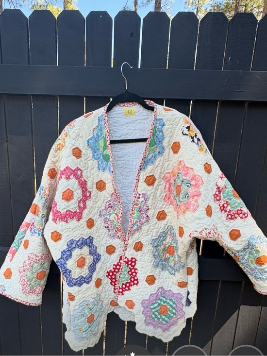 Handmade Jackets & Blazers - Vintage flour  sack Quilted Floral Grandmothers garden Jacket -Cream/  Flowers